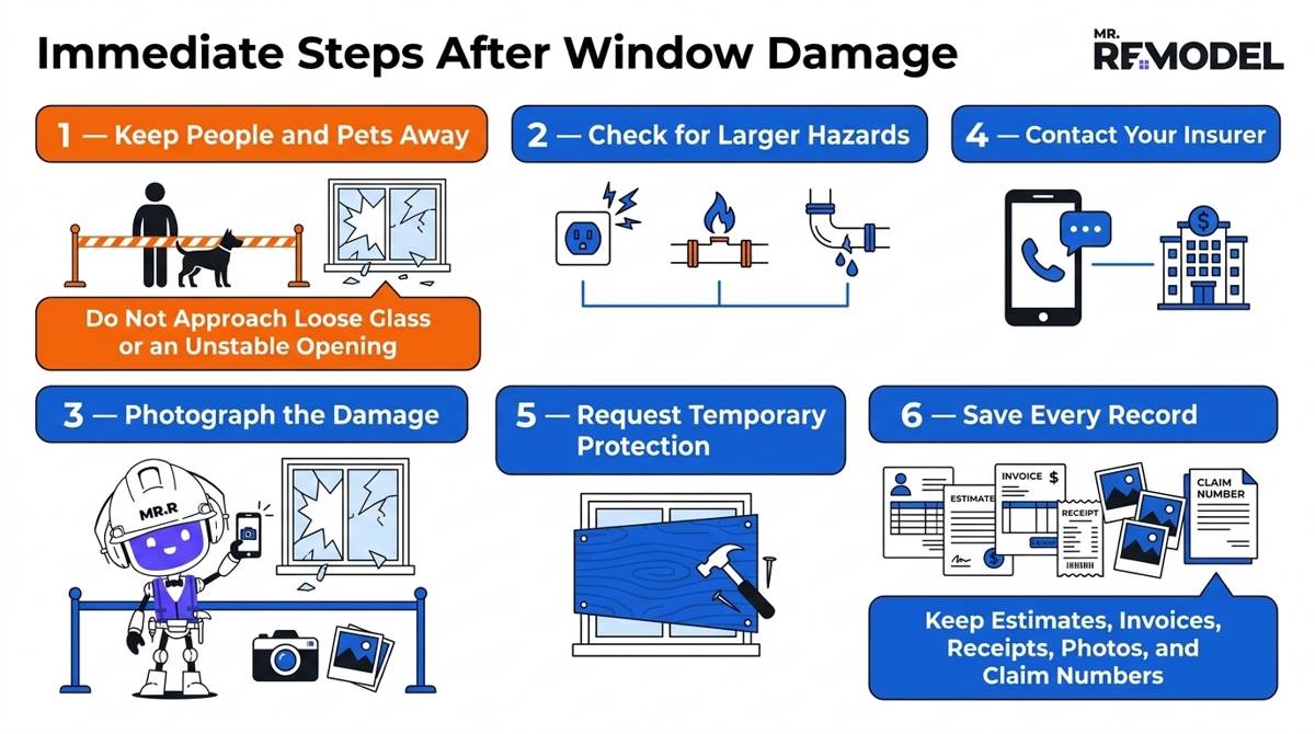 Six immediate steps after window damage, including securing the area, checking hazards, documenting damage, and requesting temporary protection.